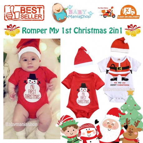 Jumper My First Christmas 2in1 HoHoHo Merry Christmas Ho Ho Ho Natal Romper set Hat 2in1 Baju Bayi Natal Santa Boneka Salju Santa's Little Helper Christmas Jumper Jumpsuit Santa Panjang Pajamas Babymaniashop