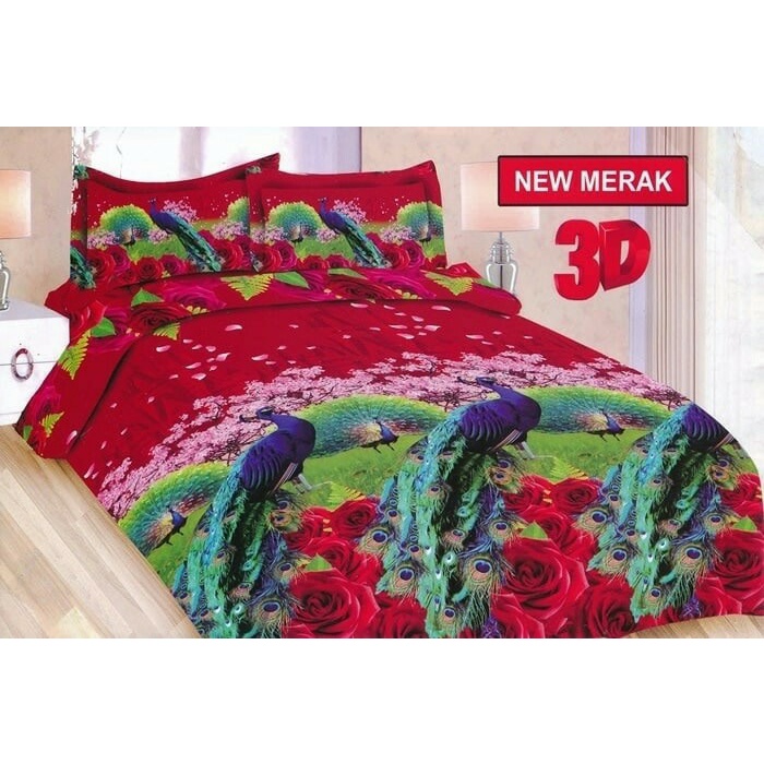 Full Set Bedcover + Sprei Bonita 3D Rumbai/Karet King 180x200 Motif New Merak Burung Peacock Bunga S