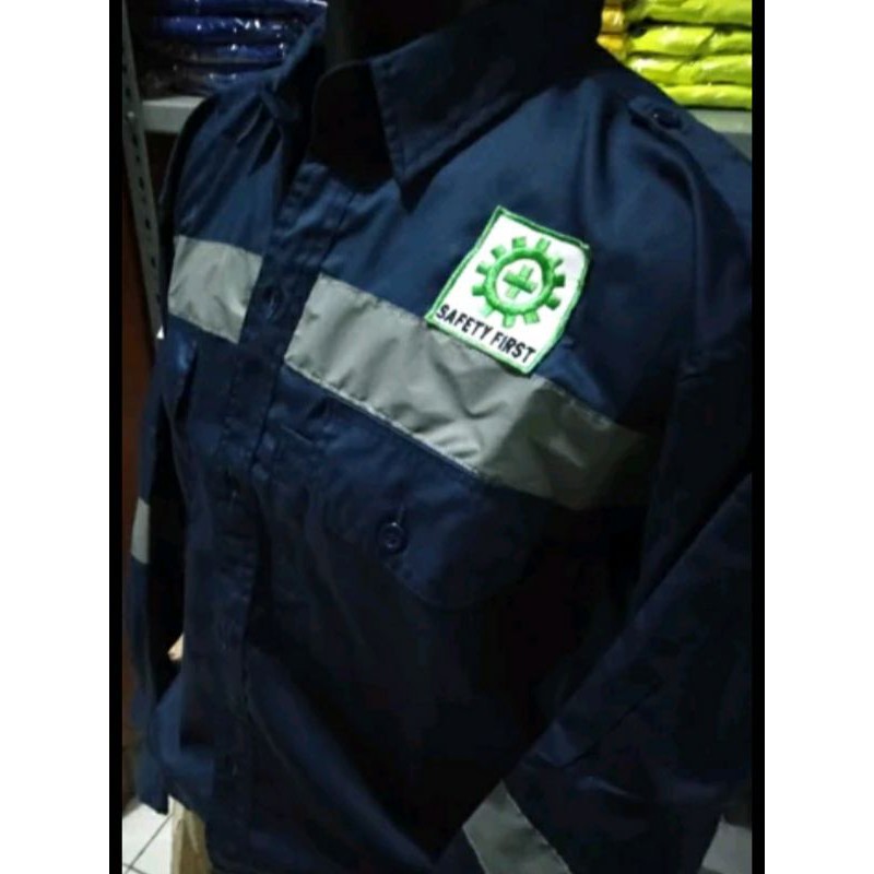 SERAGAM BAJU SAFETY BIRU DONGKER SCOTLIGHT 5CM BERLOGO K3 DAN BENDERA