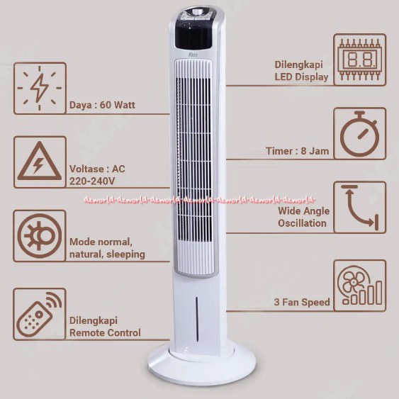 Kris Fan Floor LED With Remote Kipas Angin Lantai Tinggi Pakai Remot Layar Display LED Warna Putih White Wide Angle Swing Kiri Kanan Krisbow Kris Appliance