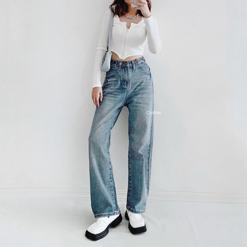 CLOTHIER - Hazel Adjustable Jeans | Baggy Vintage Light Blue Wide Leg Jeans