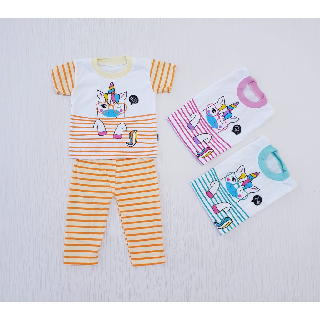 setelan anak perempuan unicorn usia 0-18 bulan / baju bayi cewe unicorn salur