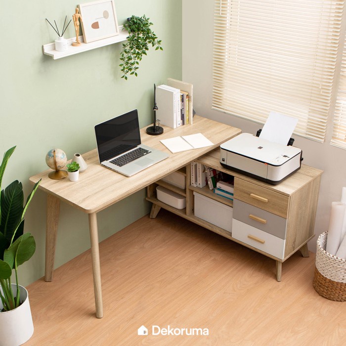 Dekoruma ISY Meja Belajar Sudut L | Meja Kerja dengan Laci Penyimpanan