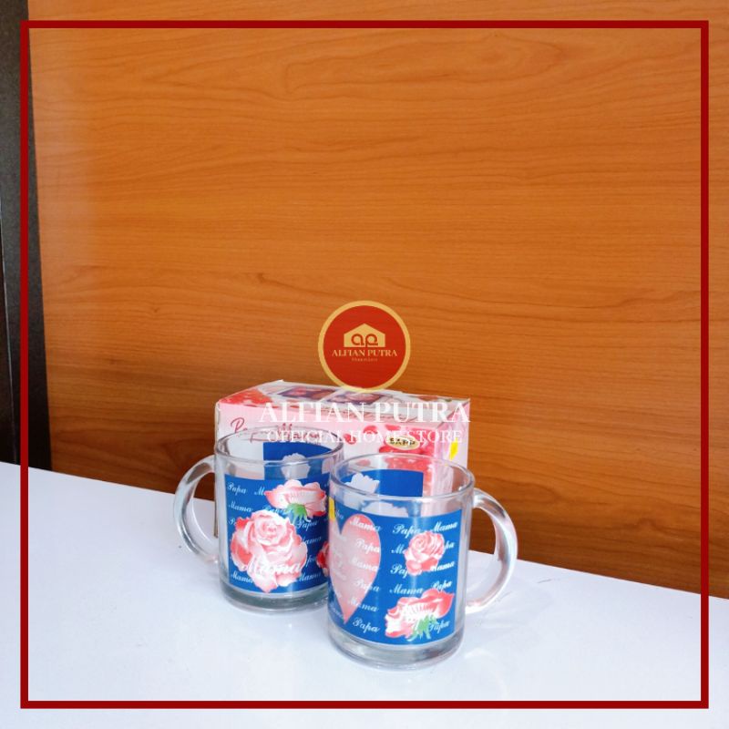 GELAS KACA MAMA PAPA DENGAN GAGANG | MUG COUPLE SET ISI 2 | GELAS COUPLE PAPA MAMA | GELAS COUPLE KA