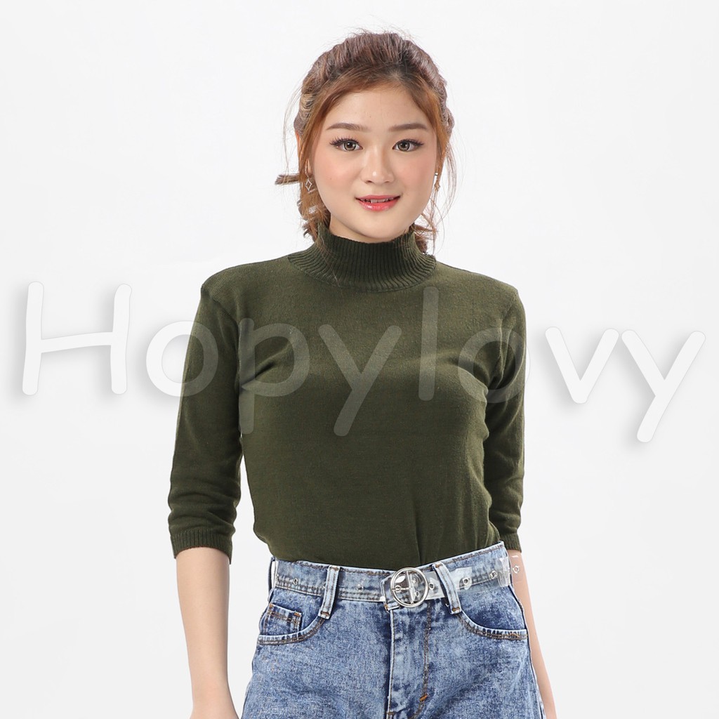 HOPYLOVY Blouse Rajut Turtleneck Wanita Lengan 3 per 4 Rafika-HIJAU ARMY