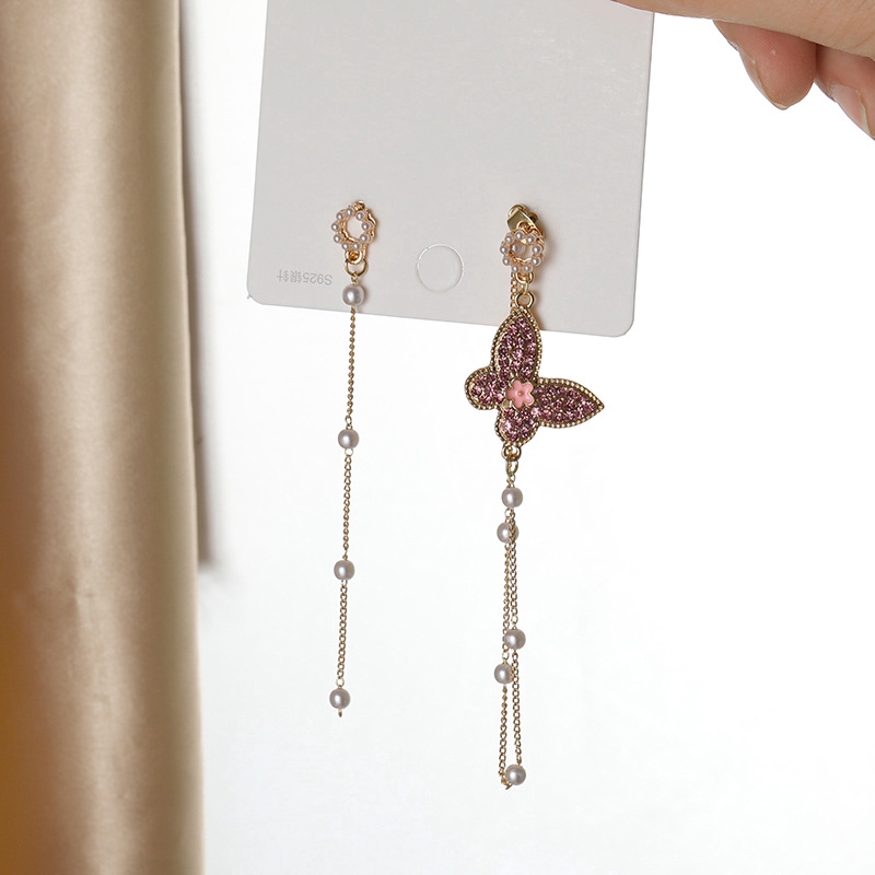 925 Tremella Needle Berlebihan Bunga Kupu-kupu Anting Panjang Asimetris butterfly earrings