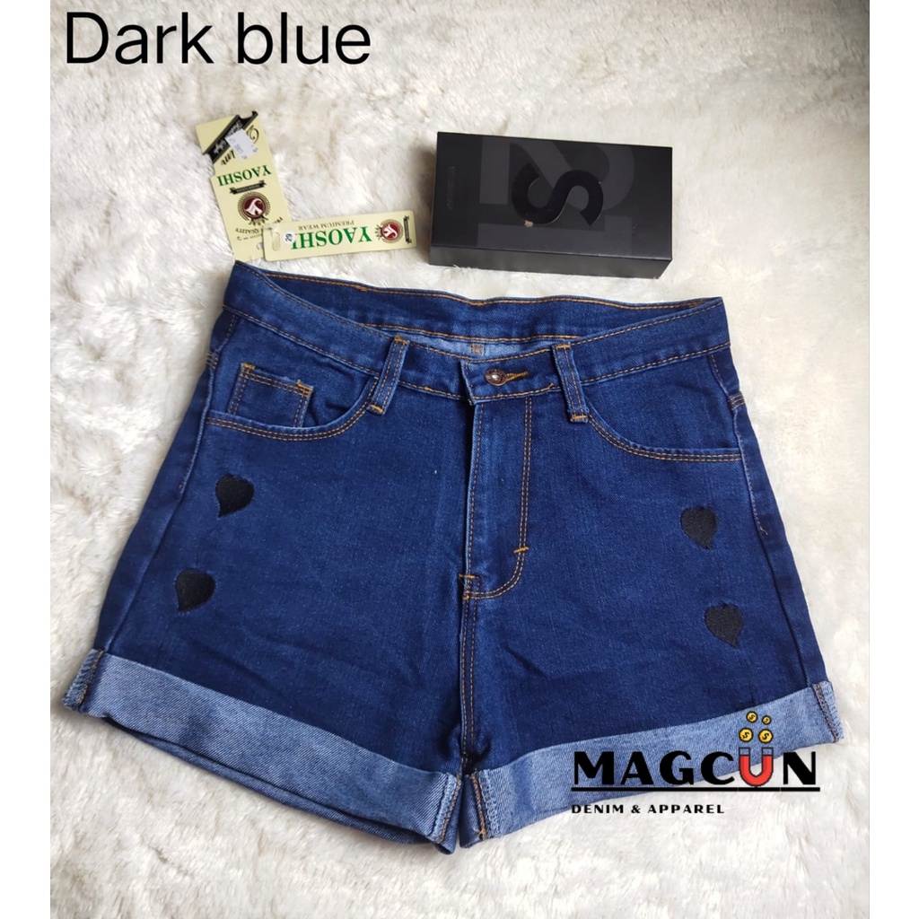 MAGCUN- Short Pants High waist Hot Pants Celana Pendek Jeans Wanita Korea Style Motif Bordir Love