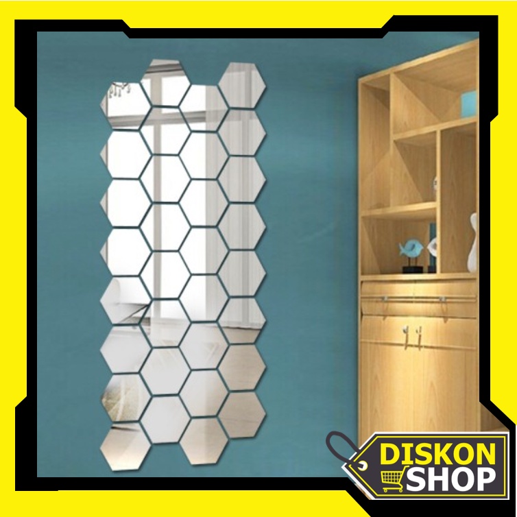Diskon Shop - 831 (1 PC) Cermin Segi Enam Hexagonal Dekorasi Dinding / Kaca Hexagonal Tempel Dinding