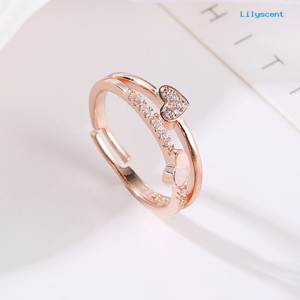 Cincin Model Terbuka Desain Hati Ganda Aksen Berlian Imitasi Untuk Wanita