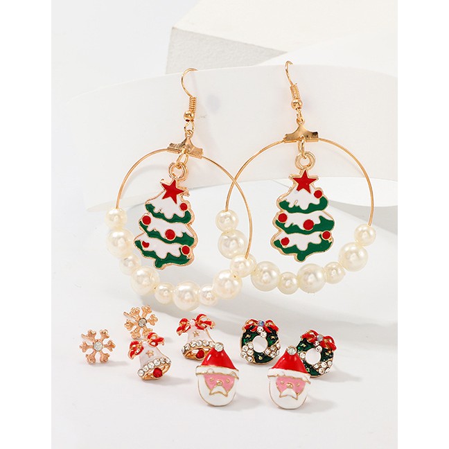 LRC Anting Tusuk Set Fashion Gold Cartoon Snowflakes Bell Christmas Tree Earrings D22057