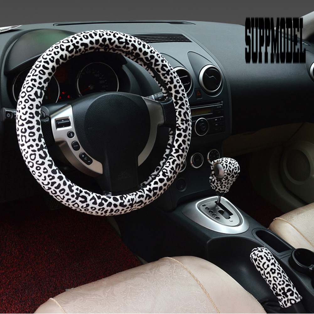 3pcs / Set Cover Stir / Rem Tangan / Persneling Mobil Motif Print Leopard 38cm Untuk Musim Dingin