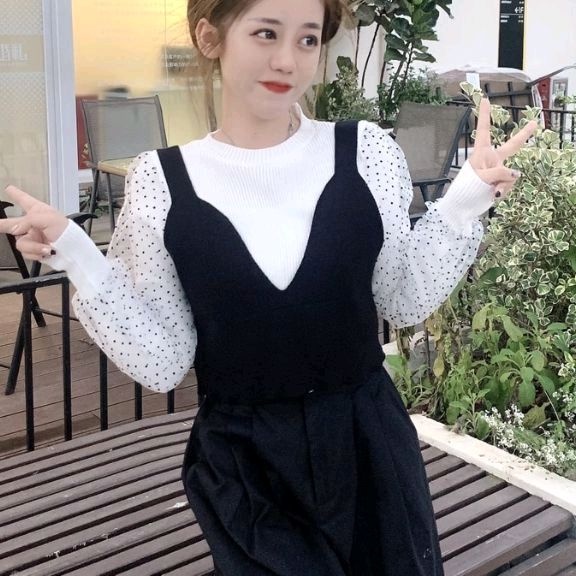 F111 Set2in1 Baju atasan blouse lengan panjang set rompi cardigan rajut knit Korean style wanita imp