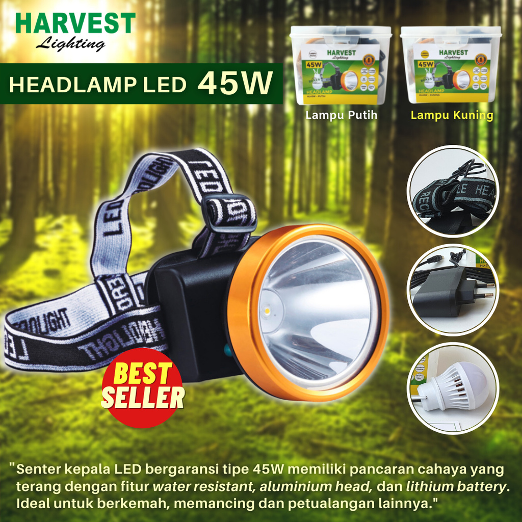 45W Headlamp HARVEST LIGHTING Senter Kepala LED 2000Mah Lampu Emergency Travel Hunting Rechargeable Original Berkualitas Bergaransi