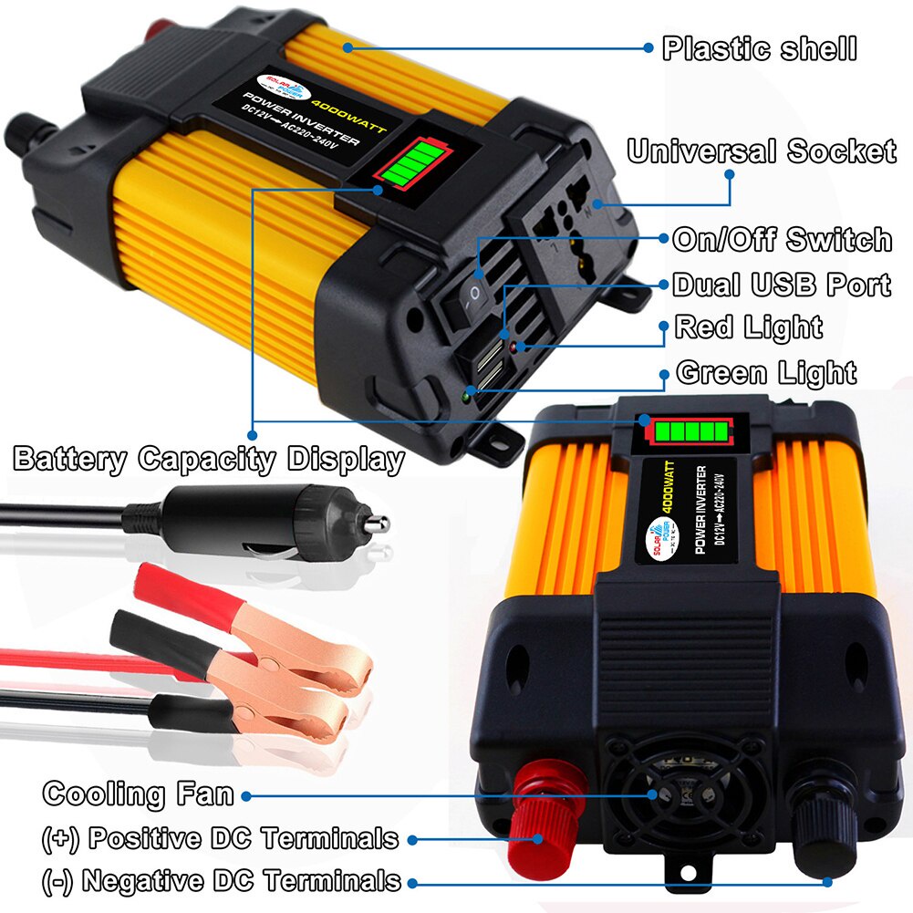 4000W  Power Inverter  Dc 12v Ac 220v Dual Usb  Dengan Display Led Untuk Mobil  Inverter Tenaga Surya