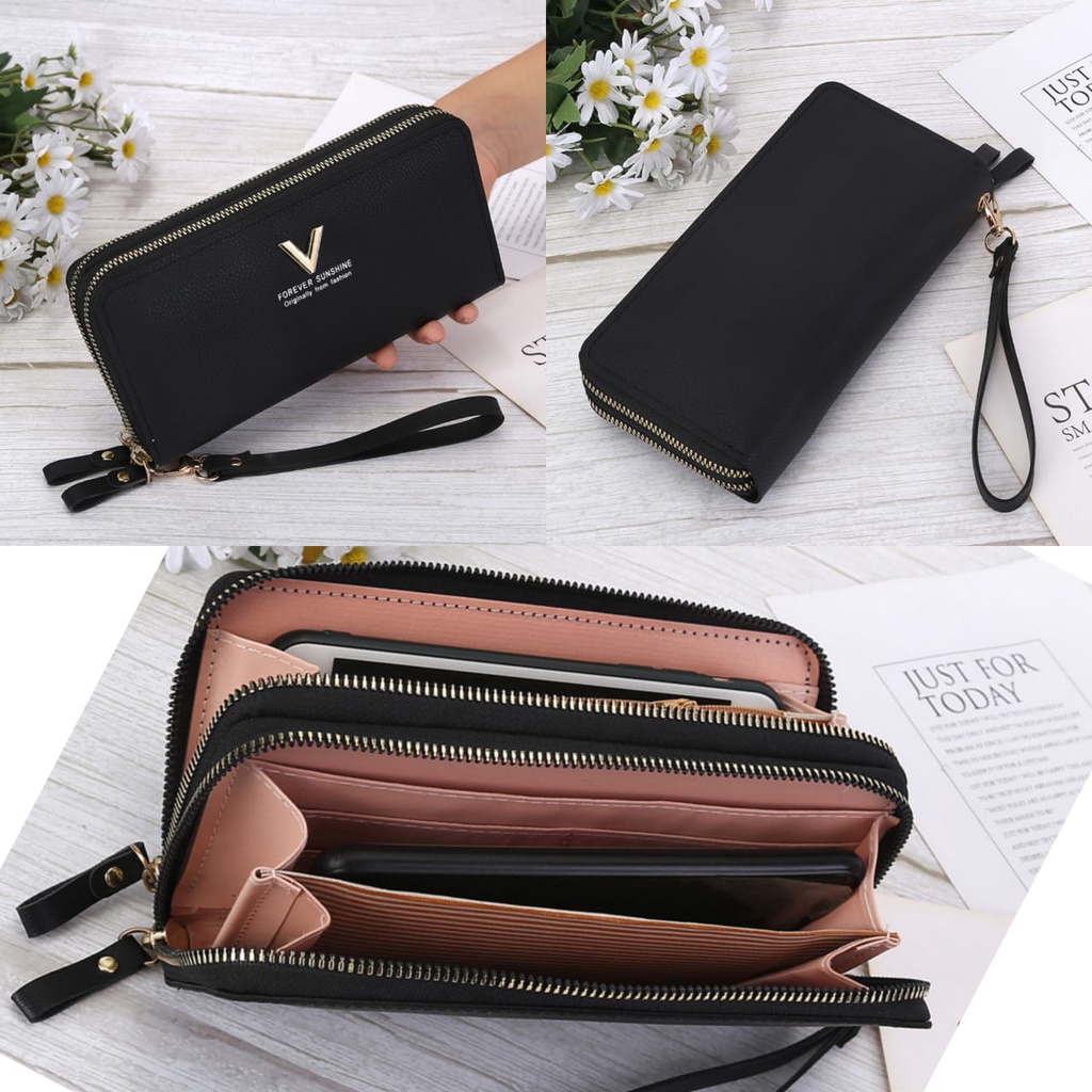 DOMPET WANITA 2 RESLETING PESTA IMPORT KULIT HITAM MUNICH WA333B5 PREMIUM SLOT KARTU UANG BATAM KEKINIAN KOREA MURAH