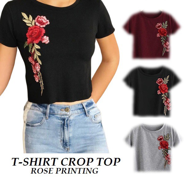 CentCentStore Kaos Crop Sexy Wanita Rose Printing