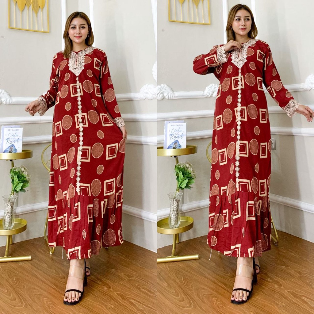 Gamis Terbaru Renda Wandha Hamidah Rayon Premium Dress Wanita Lengan Panjang Longdress Full Kancing LD 110  cm