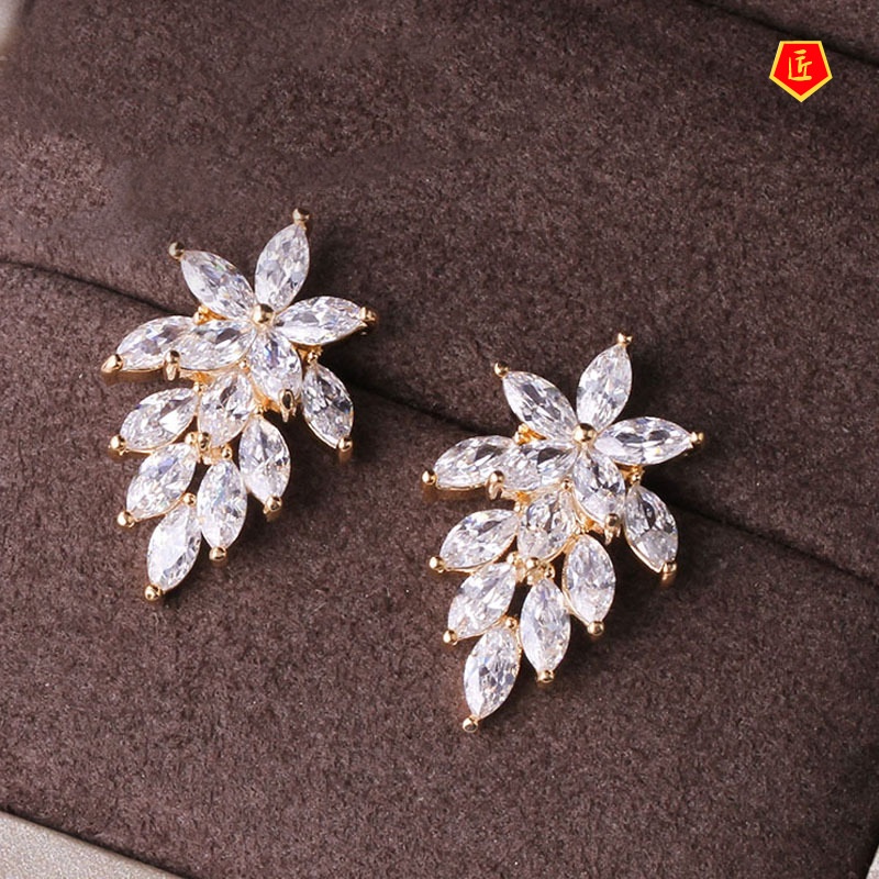 [Ready Stock]New Creative Leaves Bright Crystal Stud Earrings