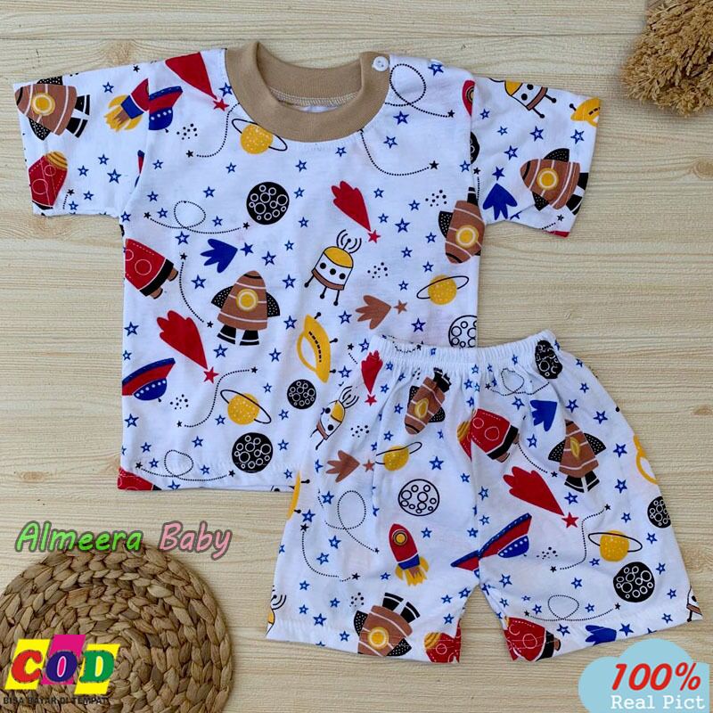 Setelan Baju Bayi Setelan Piyama Bayi Lengan Pendek Motif Rocket Kancing Pundak Usia 3-12 Bulan Almeera Baby and Kids