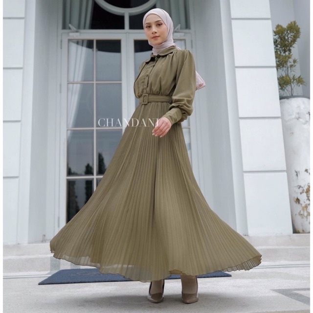 chandani.id • AMBERLEY DRESS OLIVE | Dress plisket kebaya wisuda seragam couple arisan kondangan