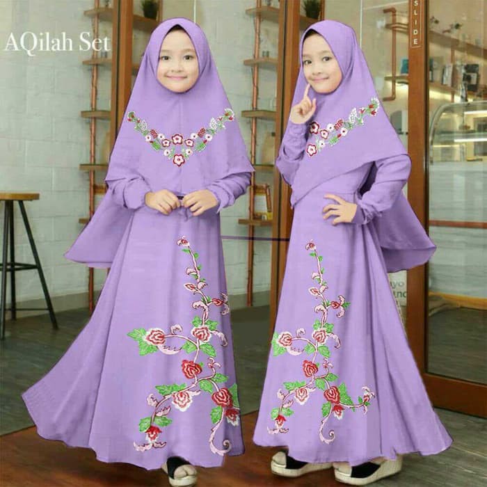 OBRAL GILA !!! AQILAH SYARI MAXI GAMIS BERGO ANAK 7-10 TAHUN JERSEY BORDIR UNGU HITAM - TANYA STOK
