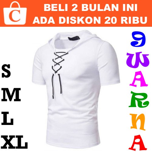 S M L XL Hoodie Pria Jaket Cowok Sweater Laki Kaos Korea Lengan Pendek Polos Kombinasi Tali PUTIH