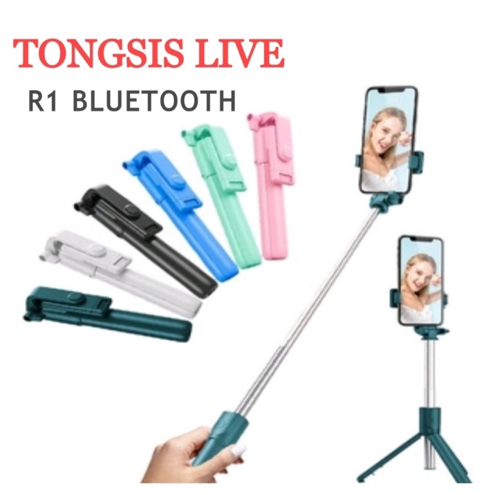 Tongsis Remot Bluetooth Macaron R1 Tripod Macaron Selfie Wireless Selfie Stick Remote Live Streaming Full color