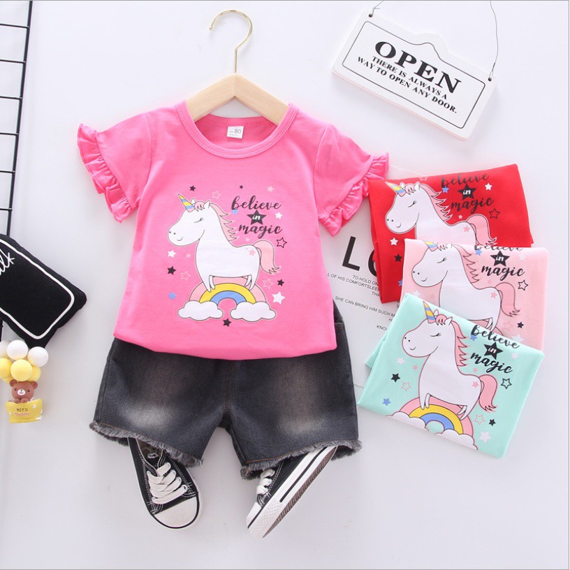 SCR 07 -Setelan kaos dan celana pendek/baju setelan /pakaian anak perempua motif unicorn believe in magic