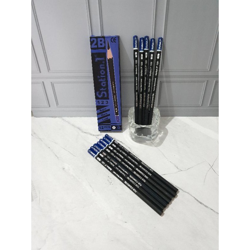 (12pc) pensil 2B murah/pensil 123/pensil kayu/pensil station 1-Biru