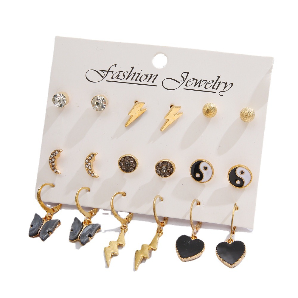 9 Pasang / Set Anting Tusuk Bentuk Bulat / Bulan / Hati Hitam / Kristal Untuk Perhiasan Wanita