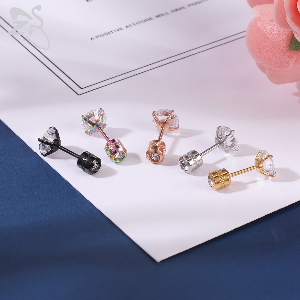 1pc Anting Stud Kristal Ganda Bentuk Bulat Bahan Stainless Steel 5 Warna Ukuran 2-8mm