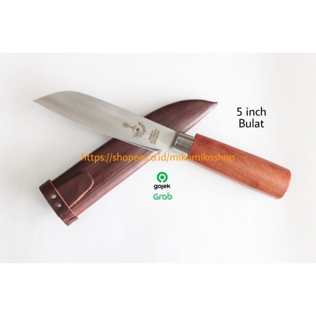 Pisau Cap Garpu ukuran 5 inch Bulat Berikut Sarung Kulit Sapi Asli Tebal Warna Coklat Gelap