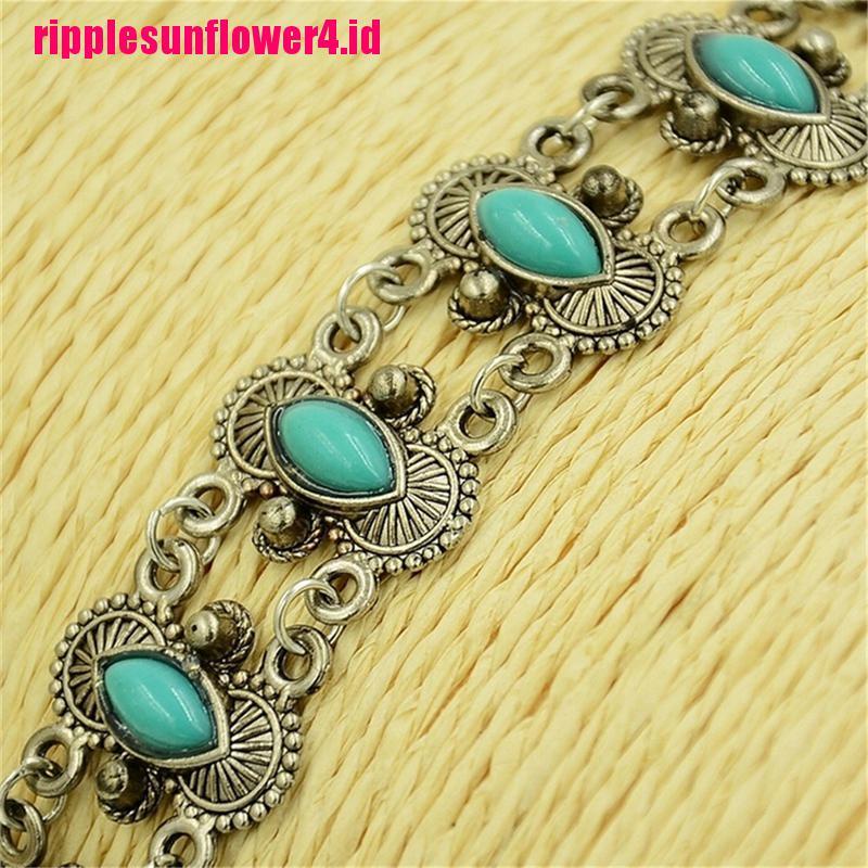 Gelang Tangan Silver Aksen Batu Turquoise Ala Bohemian Untuk Wanita