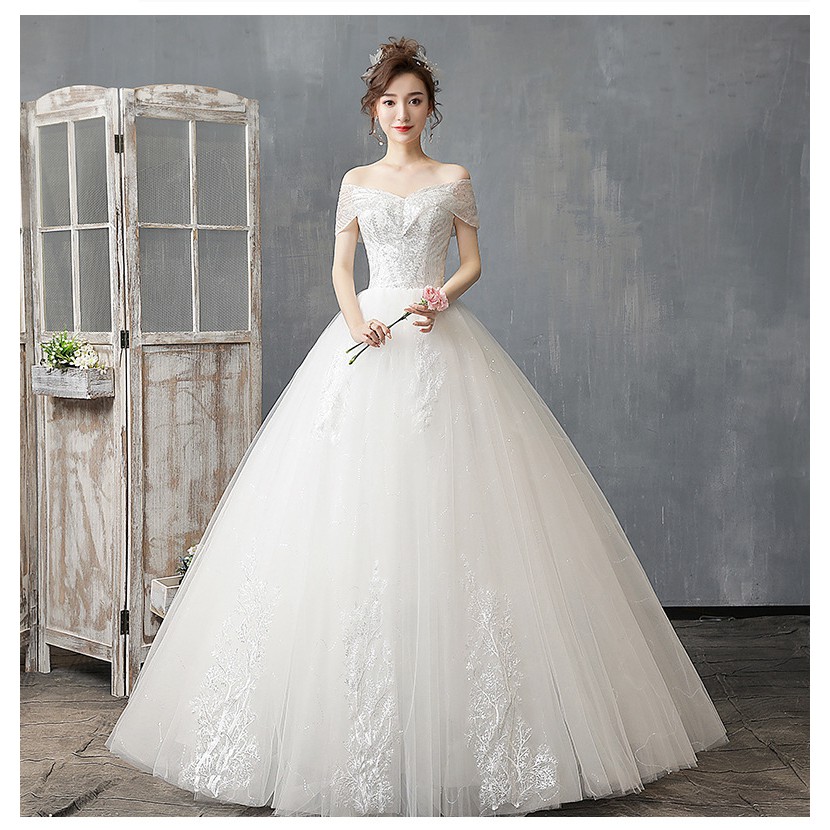 White Simple Off Shoulder Lace Sequin Embroidery Maxi Ball Gown Bridal Dress Wedding Party Dress