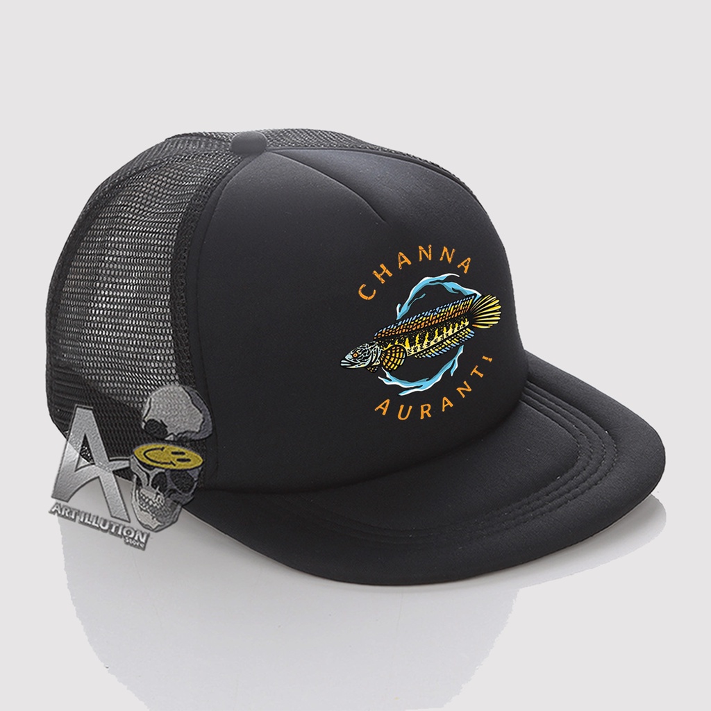 Topi Snapback Jaring Distro / Topi Snapback Trucker - Topi Channa auranti Snakehead Logo Terbaru PRE