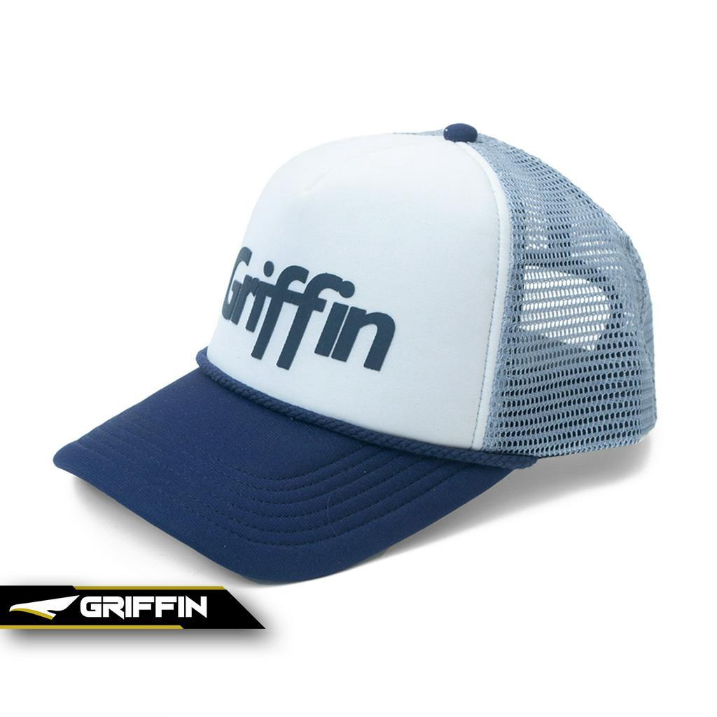 Topi Trucker Pria Wanita Unisex Putih Biru Keren Sablon Hi Density Timbul Clayton by Griffin Apparel