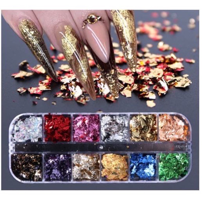 12 WARNA GOLD FOIL FLAKES / foil nail art flake acc nailart kertas foil nail art