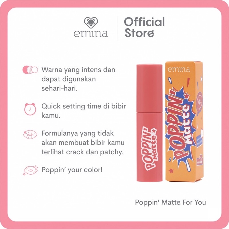 EMINA Poppin Matte Indonesia / Lipstick Facial Wash Face Scrub Micellar Essence Toner Serum Day Night Eye Cream Sunscreen Sheet Sleeping Clay Mask Masker Moisturizing Lip Tint Gloss / Bright Stuff Ms Pimple Acne Solution Sun Protection Battle Spf Paket