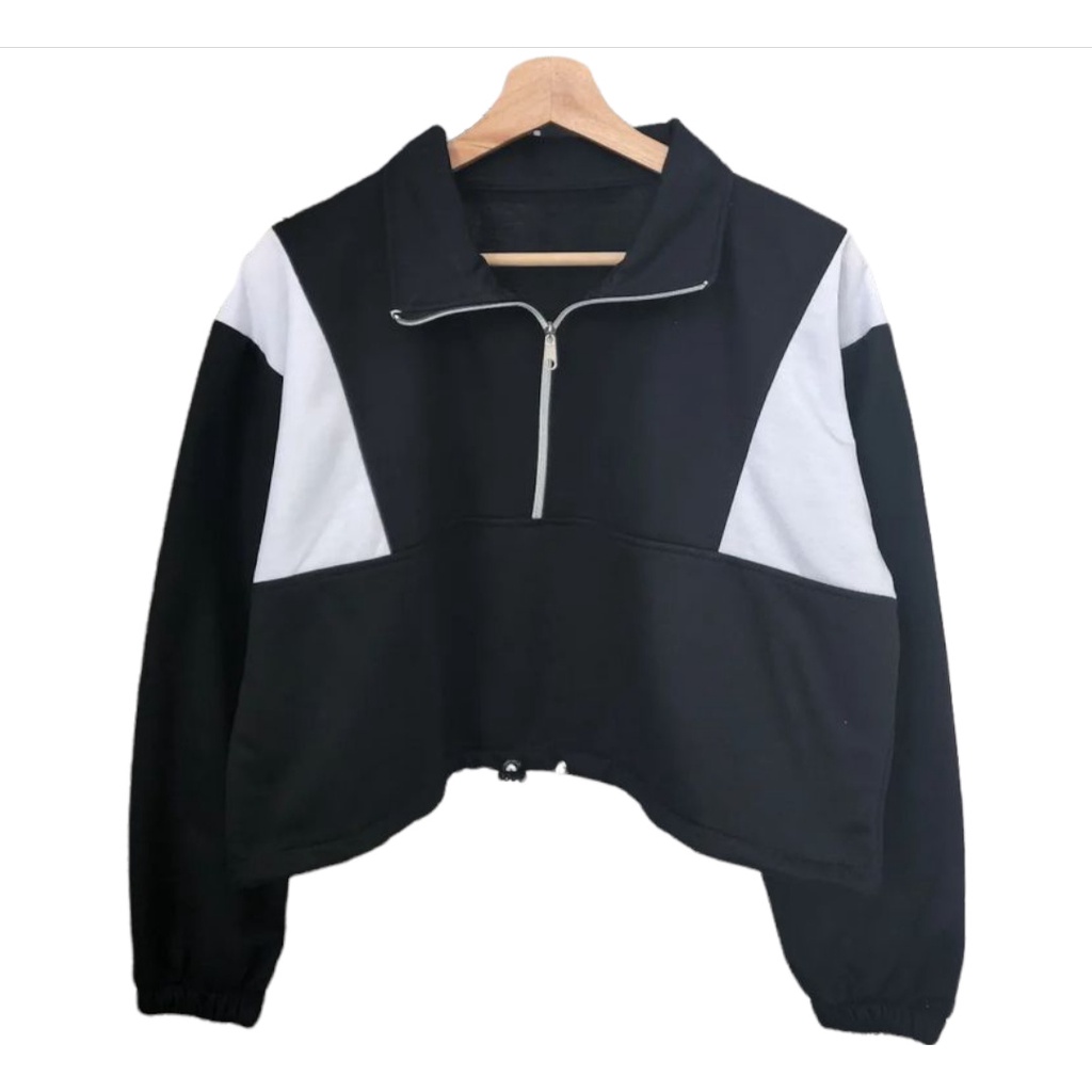 INDIE CROOPE Sweater Zipper Kerah Tinggi | 2 Tone Jacket Wanita Terbaru Stylish Desain Modern Fashion Kekinian