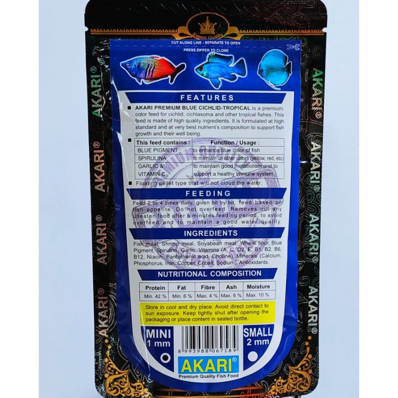 READY STOK !! AKARI PREMIUM BLUE Cichlid - Tropical 100gr Butiran 1mm Apung