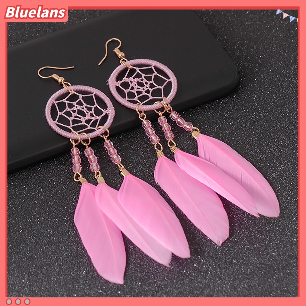 Bluelans 1 Pasang Anting Juntai Desain Dream Catcher Hollow Out Aksen Bulu Gaya Etnik Bohemia