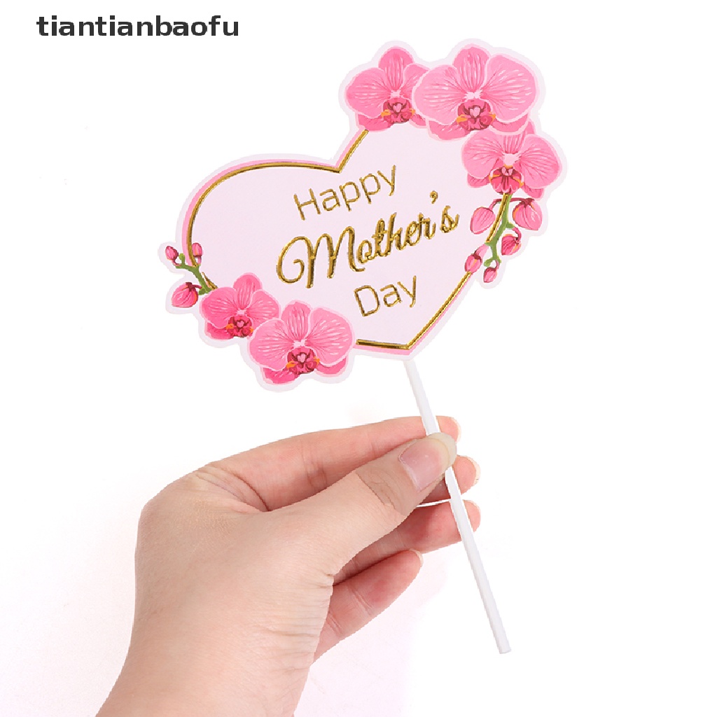 [tiantianbaofu] 10pcs Happy Mother`s Day Cake Topper Pink Heart Flower Rose Toppers Cupcake Dess Boutique