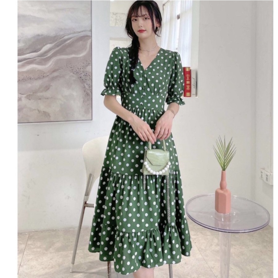 OFFICE STYLE MIDI POLKADOT POLYESTER PREMIUM DRESS KOREAN STYLE KARET