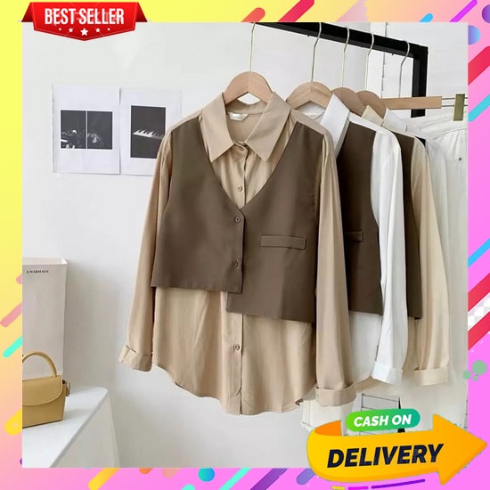 Zaza_Fashion Baju Wanita Korea Terbaru 2021 Import Real Pict Keme Vc46 Vallina Wafel Hem Top Atasan