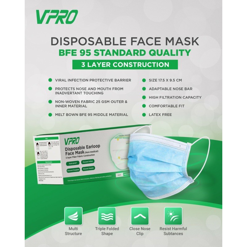 VPRO Masker 3ply Surgical Mask 50pcs Disposable Earloop BFE 95 Standard Quality