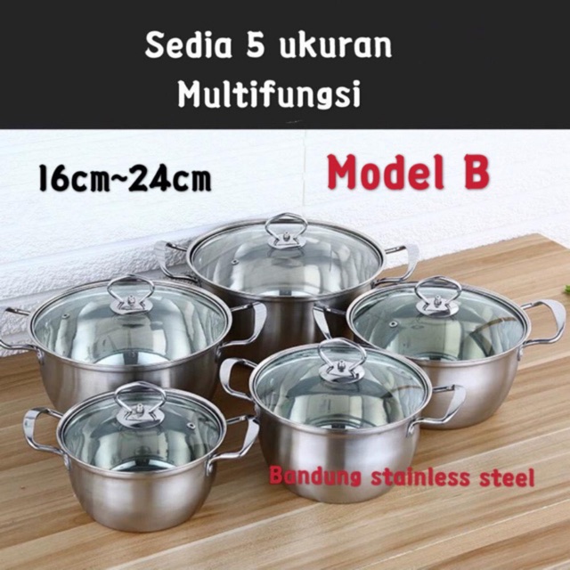 Panci sup soup pot stainless set 5 Pcs termurah tutup kaca