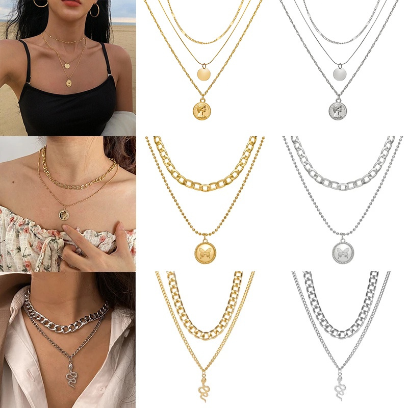 YEEZII Kalung Rantai Banyak Lapis Dengan Liontin Kupu-Kupu Warna Emas Perak Gaya Retro Korea Untuk Wanita
