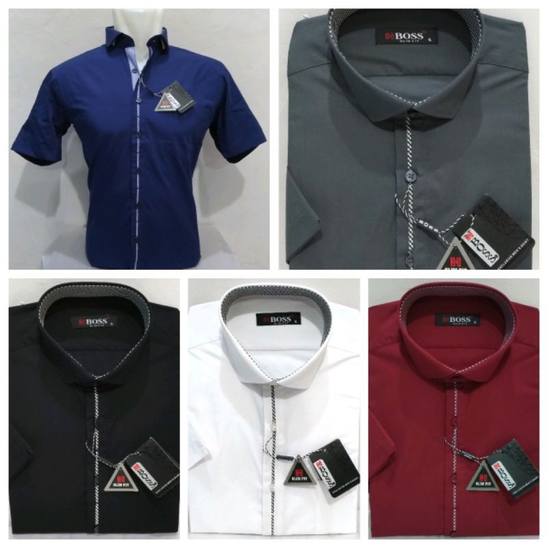 Kemeja Pria Boss Pendek Slimfit Putih Navy Maroon Hitam Kombinasi List Modern