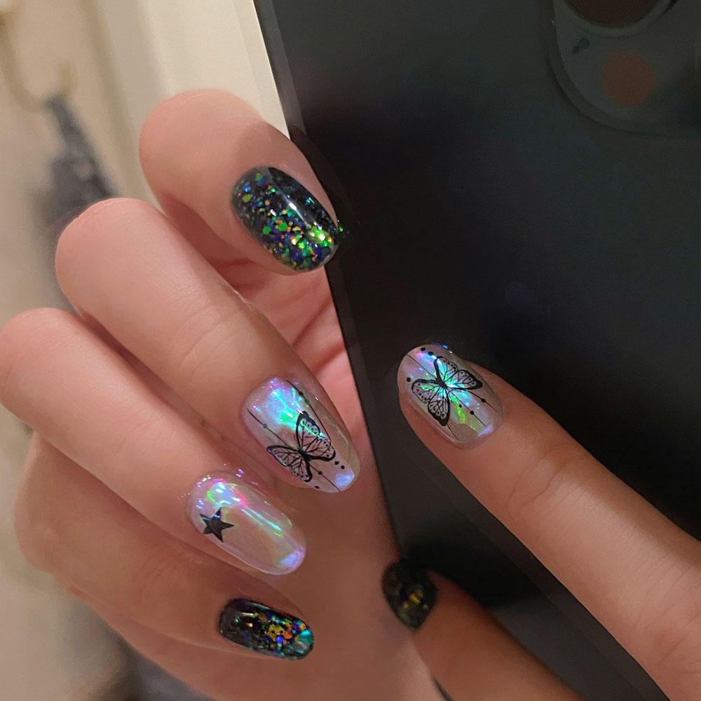 AUGUSTINA Agustin 3D Stiker Kuku Kupu-Kupu Hitam Putih Desain Bunga Mawar Langit Berbintang Perekat Diri DIY Nails Art