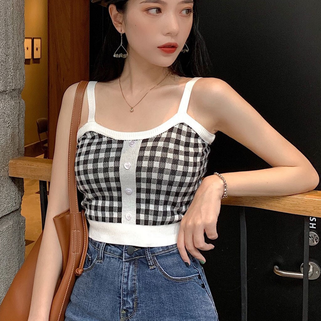 Korean Square Knit Crop Tank Top Wanita Motif Kotak - Kotak 2000